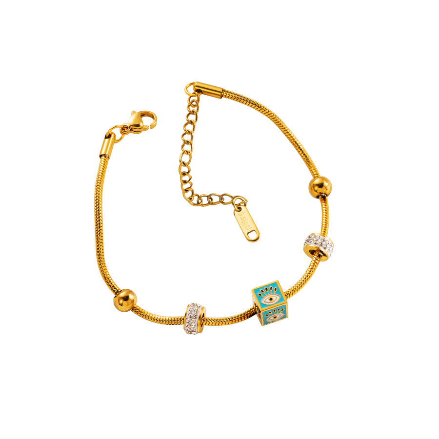 Wholesale Personalized Fashion Stainless Steel Bracelet with Diamond Creative Cube Devil Eye Pendant Titanium Steel Bracelet